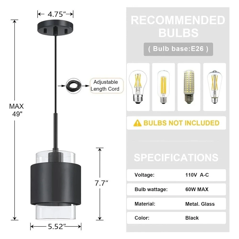 3 Pack 1 Light Hanging Kitchen Island Modern Industrial Farmhouse Glass and Blac